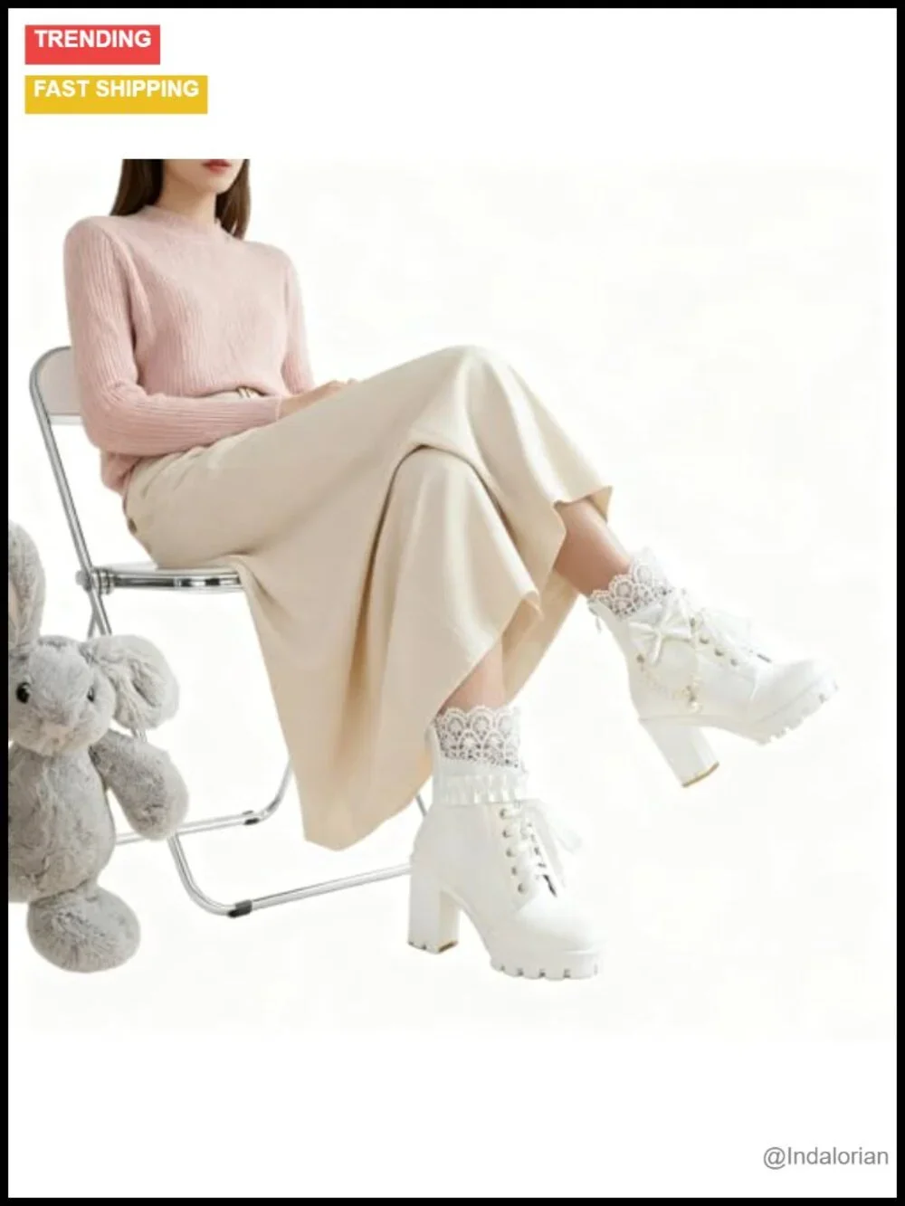 Women's Lace-Up Platform Ankle Boots Goth Chunky Heel Faux Leather Pearl Chain